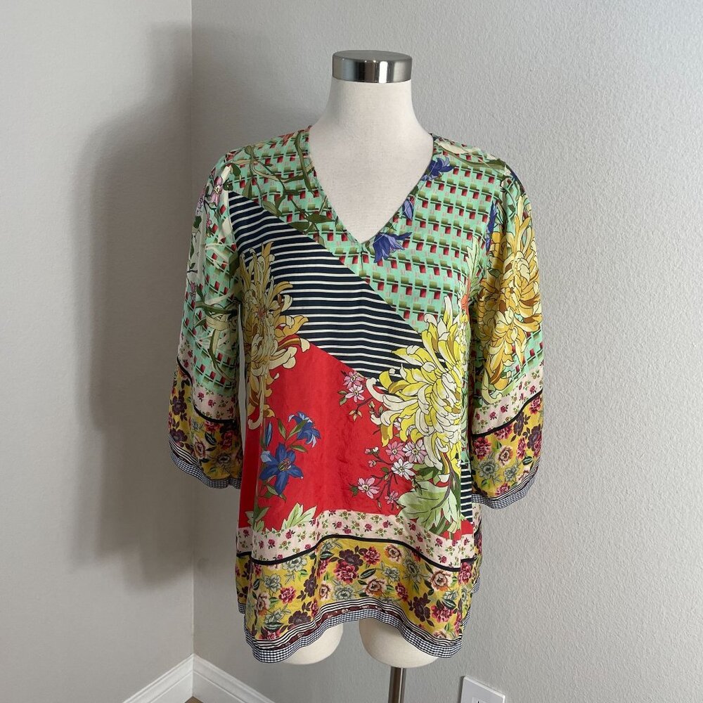 Johnny Was XS Multicolor 100% Silk Floral Patchwork V Neck Blouse Top